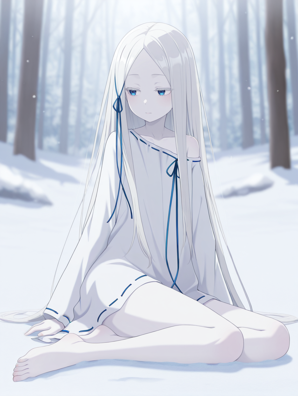 <lora:Pandora Illu:1>p4ndora, white hair, blue eyes, colored eyelashes, parted bangs, pale skin, 
blue ribbon, long hair ribbon, w1tchdress, ribbon-trimmed dress, shoulder slip, 
sitting, feet, looking to the side, on ground, 
snow, depth of field, blurry background, trees, forest,