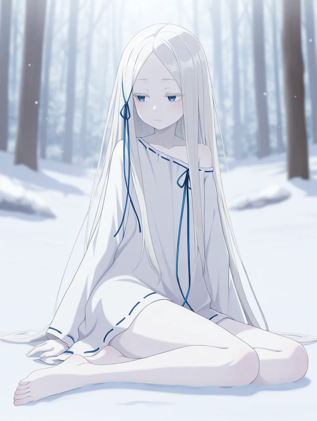 <lora:Pandora Illu:1>p4ndora, white hair, blue eyes, colored eyelashes, parted bangs, pale skin,
blue ribbon, long hair ribbon, w1tchdress, ribbon-trimmed dress, shoulder slip,
sitting, feet, looking to the side, on ground,
snow, depth of field, blurry background, trees, forest,