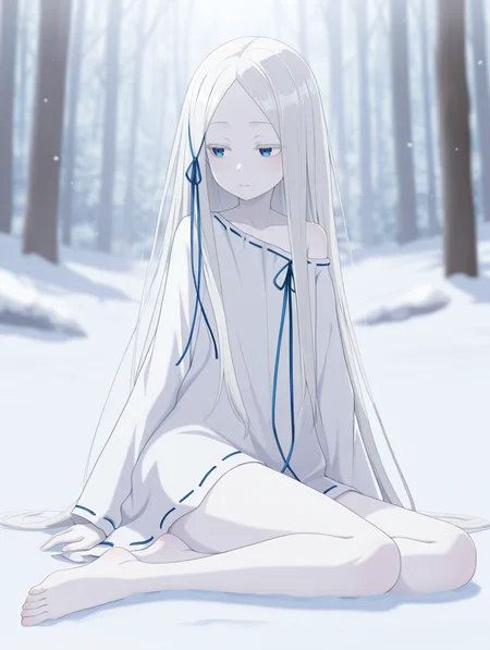 <lora:Pandora Illu:1>p4ndora, white hair, blue eyes, colored eyelashes, parted bangs, pale skin,
blue ribbon, long hair ribbon, w1tchdress, ribbon-trimmed dress, shoulder slip,
sitting, feet, looking to the side, on ground,
snow, depth of field, blurry background, trees, forest,