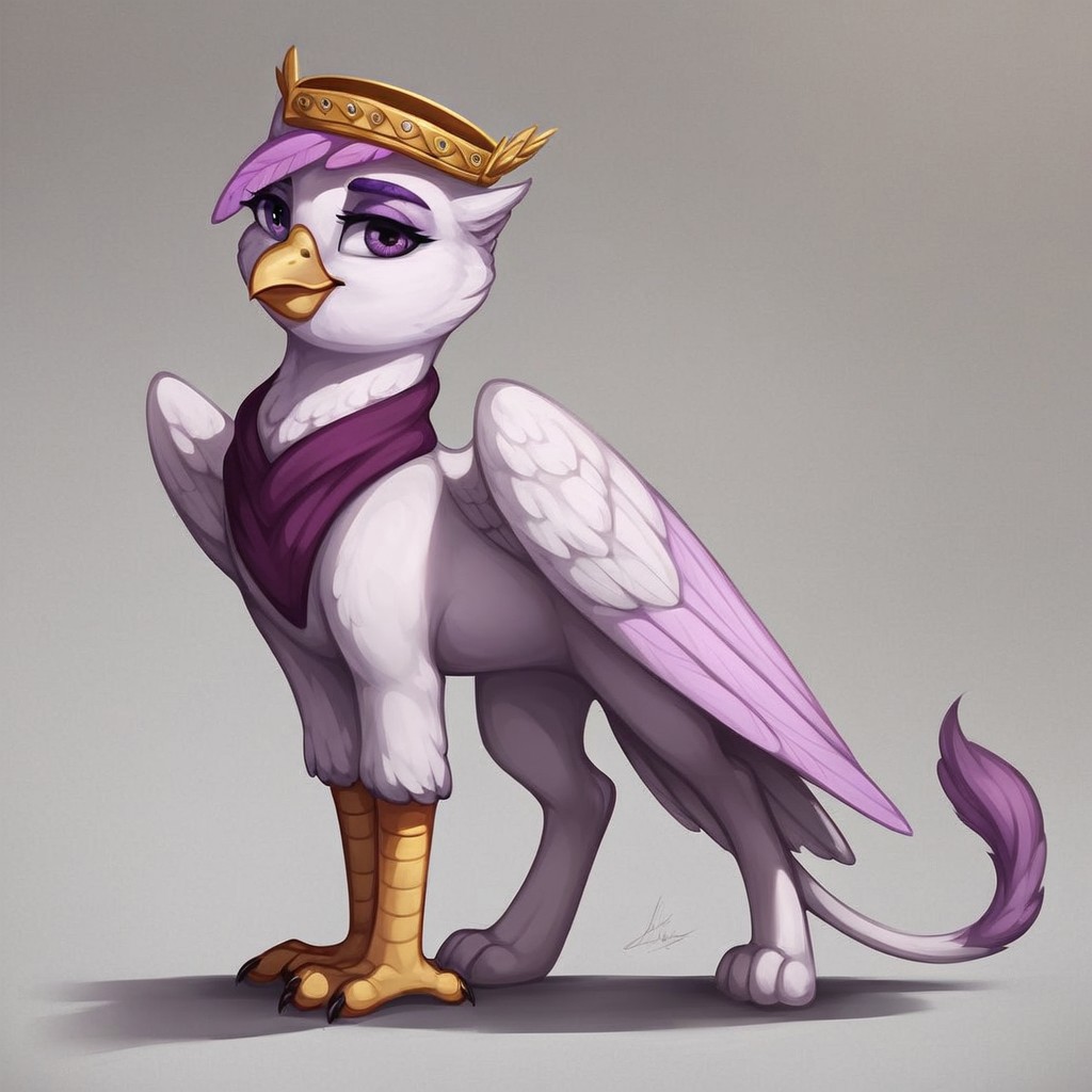 masterpiece, score_9_up, score_8_up, score_7_up, score_6_up, source_furry, (best quality:1.1), ultra-detailed, high resolution, solo, 1bird girl, Taillow Sumpfkiel, countess, griffon, avian, feral, female, mlp, ((beautiful detailed purple eyes)), long eyelashes, purple eyebrows, beak, wings, tail, white feathers, white plumage, feathery ears, (feathery pink hair), plump body, modest gold crown, full body, simple background