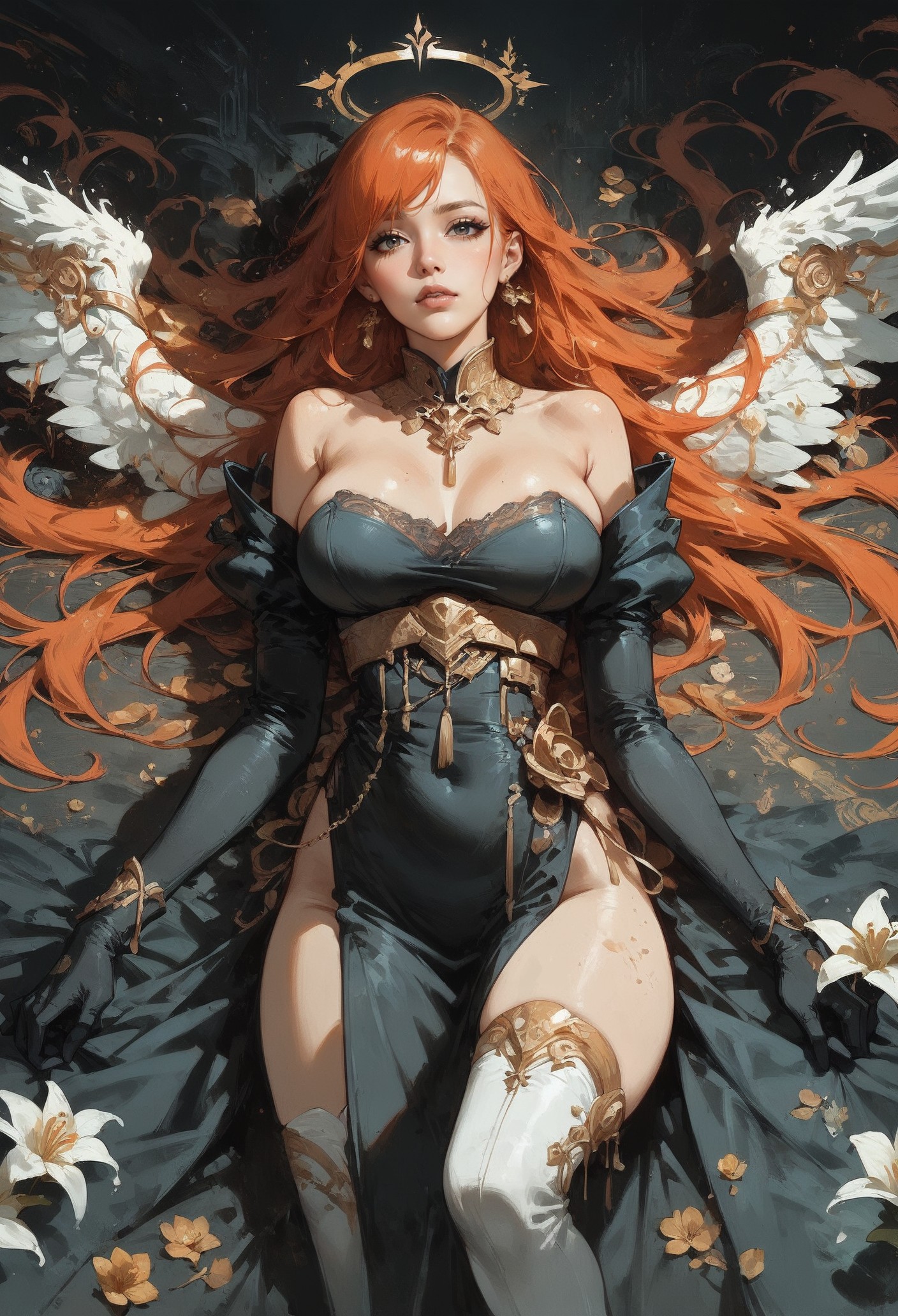 score_9, score_8_up, score_7_up,    1girl, angel, red hair, long hair, laying, posing, black dress, opal, large breasts, looking at viewer, white angel wings, feather wings, bright particles, darkness, gloom, black lace gloves, golden cherry blossom tones, Japanese aesthetic, lilies, explosive bright particles in the form of sparks of light, gold collar, black theme, black background    <lora:Concept Art Twilight Style SDXL_LoRA_Pony Diffusion V6 XL:0.8>  <lora:Expressive_H-000001:0.8> expressiveh  <lora:Neon_Splash_Art_for_Pony:0.8>