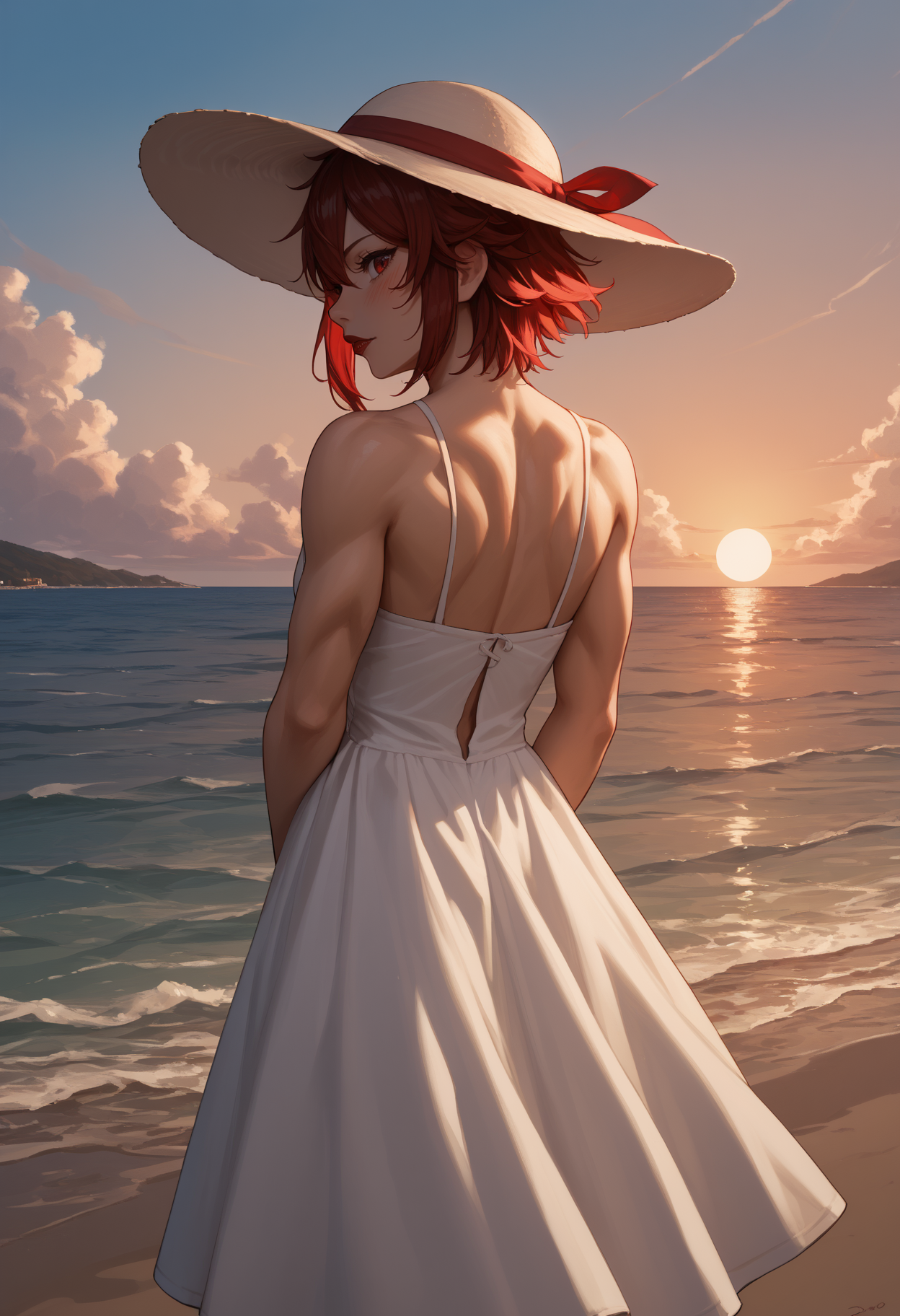 red lips, from behind, white dress, looking back, blush, arms behind back, bare shoulders, female focus, looking at viewer, hat, back, dress, sundress, outdoors, sun hat, sky, sunset, ocean, reflective water, score_9, score_8_up,score_7_up, source_anime, 1girl, solo, <lora:aizwtm_pdxl_EliPot:1>, aizawatomo, red hair, short hair, red eyes, tomboy, toned, muscular female,