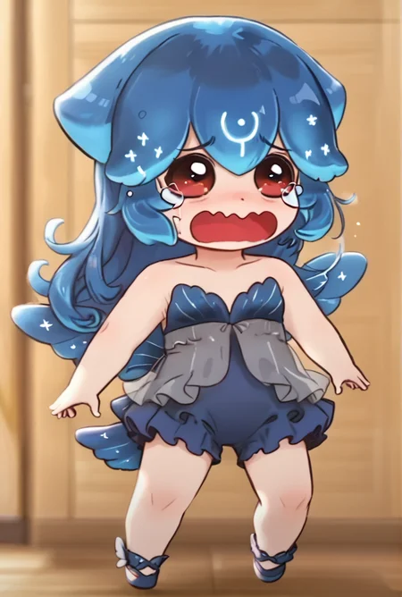 (score_9, score_8_up, score_7_up, score_6_up, score_5_up, score_4_up),
BaoTheWhale,chibi bao,1girl,solo,long hair,open mouth,bangs,red eyes,blue hair,full body,wings,virtual youtuber,tears,chibi,fancy outfit,wavy mouth,crying,monster girl,liquid hair
<lora:bao_vtuber_pony:0.8>
