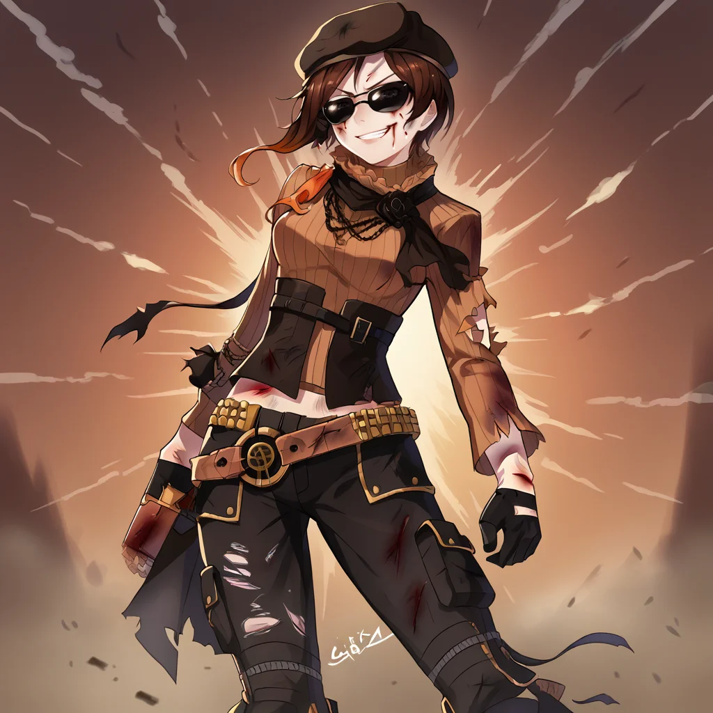 score_9, score_8_up, score_7_up, score_6_up, score_5_up, score_4_up, zPDXL2,1girl, solo, cowboy shot, <lora:Coco_Adel_-_RWBY:0.8>coco_rwby, brown hair, sunglasses, brown beret, gloves, black gloves, belt, sweater, boots, pants, jewelry, smirk, <lora:Battle_Damage:0.6> battledamage,torn clothes, solo, blood, injury, bruises