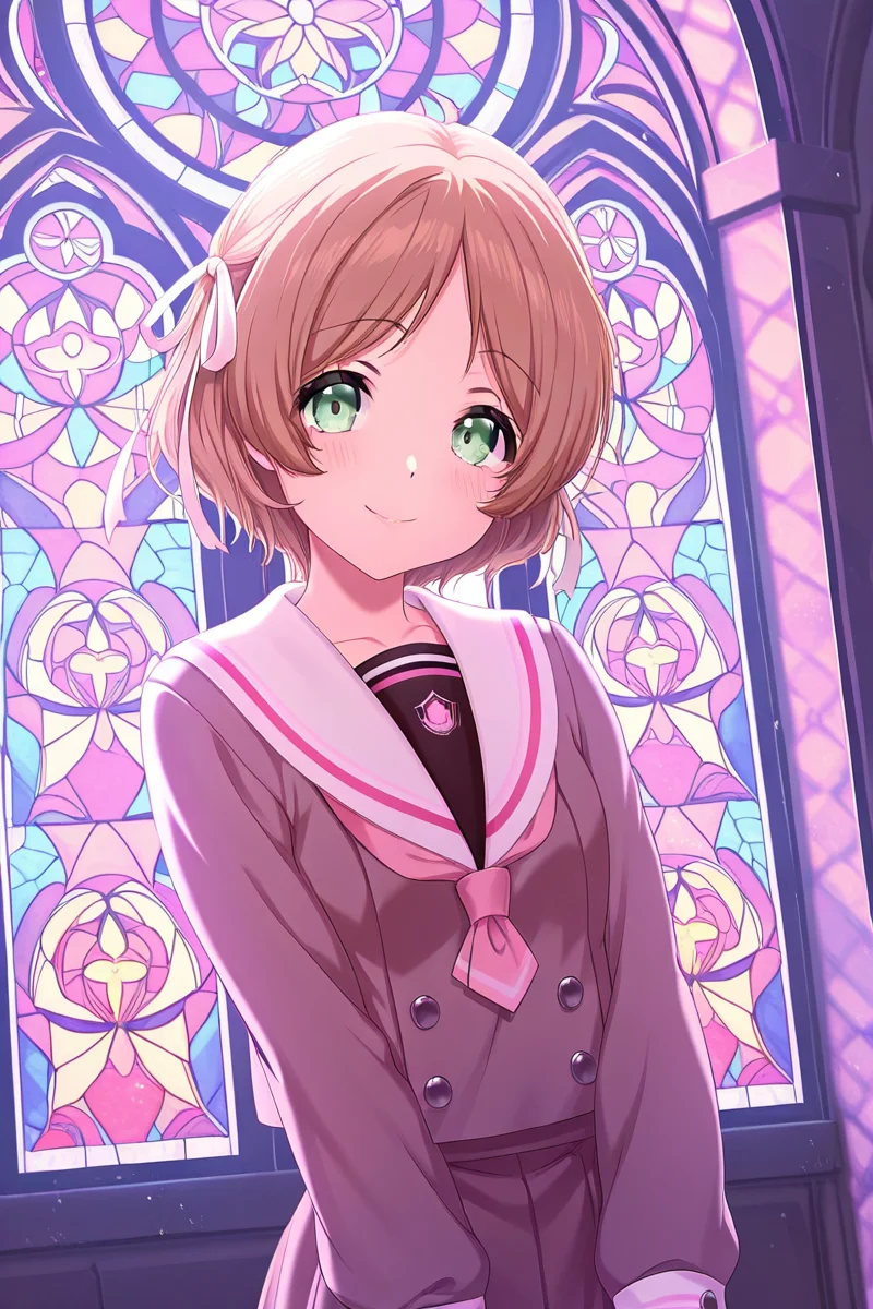 masterpiece, best quality, amazing quality,
<lora:Miiko_IL:1> miiko, 1girl, solo, school uniform, stained glass, skirt, smile, white sailor collar, sailor collar, looking at viewer, shirt, brown hair, long sleeves, short hair, ribbon, serafuku, green eyes, hair ribbon, lillilly school uniform