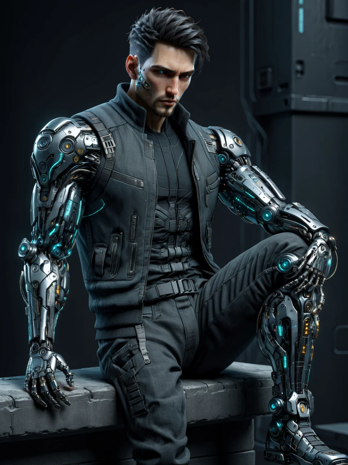 man, cyberarm, cyberpunk, <lora:Neon_Cyberpunk_SDXL_Cyberware:0.8> Sitting on edge pose, (masterpiece:1.2), best quality, (hyperdetailed, highest detailed:1.2), high resolution textures