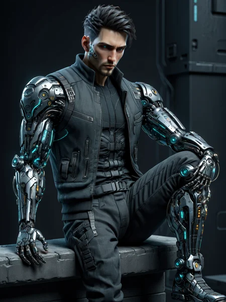man, cyberarm, cyberpunk, <lora:Neon_Cyberpunk_SDXL_Cyberware:0.8> Sitting on edge pose, (masterpiece:1.2), best quality, (hyperdetailed, highest detailed:1.2), high resolution textures