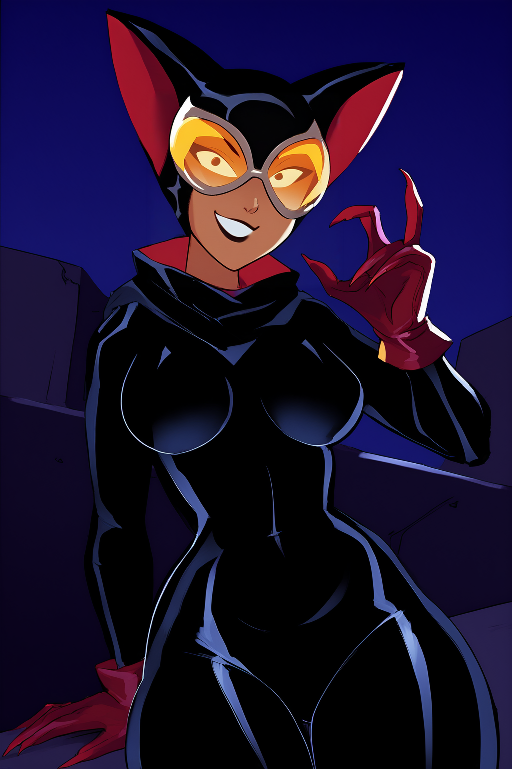 score_9, score_8_up, score_7_up, masterpiece, high quality, BREAK
 <lora:Multiplylayer stylePonyLyco:1.2>1girl, hetero, looking at viewer, solo, breasts, smile, dark city, at night, on a rooftop
 <lora:Catwoman 2004PonyLoRA:1>ctwm2004, cat ears, black bodysuit, goggles, gloves, sharp fingernails