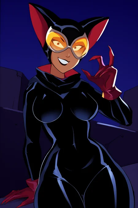 score_9, score_8_up, score_7_up, masterpiece, high quality, BREAK
<lora:Multiplylayer stylePonyLyco:1.2>1girl, hetero, looking at viewer, solo, breasts, smile, dark city, at night, on a rooftop
<lora:Catwoman 2004PonyLoRA:1>ctwm2004, cat ears, black bodysuit, goggles, gloves, sharp fingernails