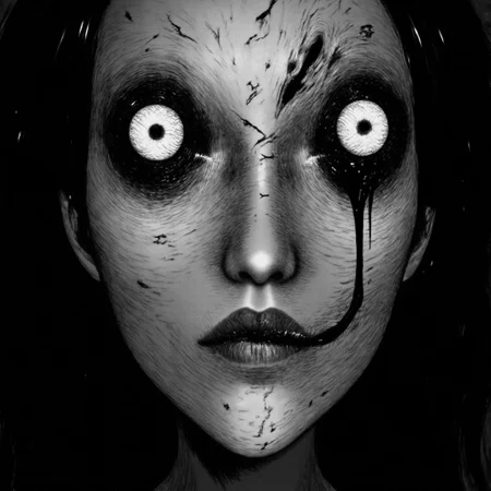 Imagine a haunting black and white photograph of a woman's face, captured in a moment of eerie disintegration. Her face, once serene, is now wrecking apart, with cracks and fractures spreading across her skin and falling like a fragile porcelain doll breaking. Her lips are slightly parted, as if caught mid-breath or in a silent gasp, adding to the unsettling atmosphere.
From one side of her face, a viscous black oil seeps and melts down, distorting a lot her features as it flows. The contrast between the smooth, flowing liquid and the cracked, breaking skin creates a striking visual tension. Her eyes are particularly arresting—completely black with only a stark white iris, giving her gaze an unnatural, otherworldly intensity.
The monochromatic palette enhances the mood, with deep shadows emphasizing the contrast between the broken, oozing elements and the still-intact parts of her face. The overall effect is a powerful image that blends beauty and horror, capturing a moment of haunting transformation.jitostyle