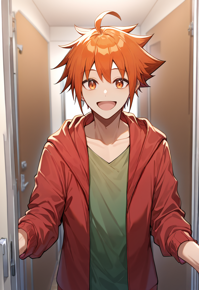masterpiece,best quality,newest,absurdres,highres,safe,sora kashiwagi,solo,looking at viewer,smile,open mouth,:d,hood,hoodie,door,open door,doorway,opening door,pov doorway,1boy,male focus,red hoodie,<lora:SoraKashiwagi_noob:1>,green shirt,