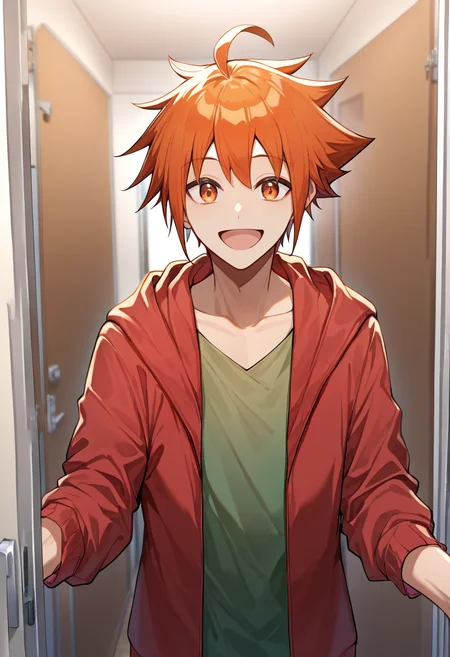 masterpiece,best quality,newest,absurdres,highres,safe,sora kashiwagi,solo,looking at viewer,smile,open mouth,:d,hood,hoodie,door,open door,doorway,opening door,pov doorway,1boy,male focus,red hoodie,<lora:SoraKashiwagi_noob:1>,green shirt,