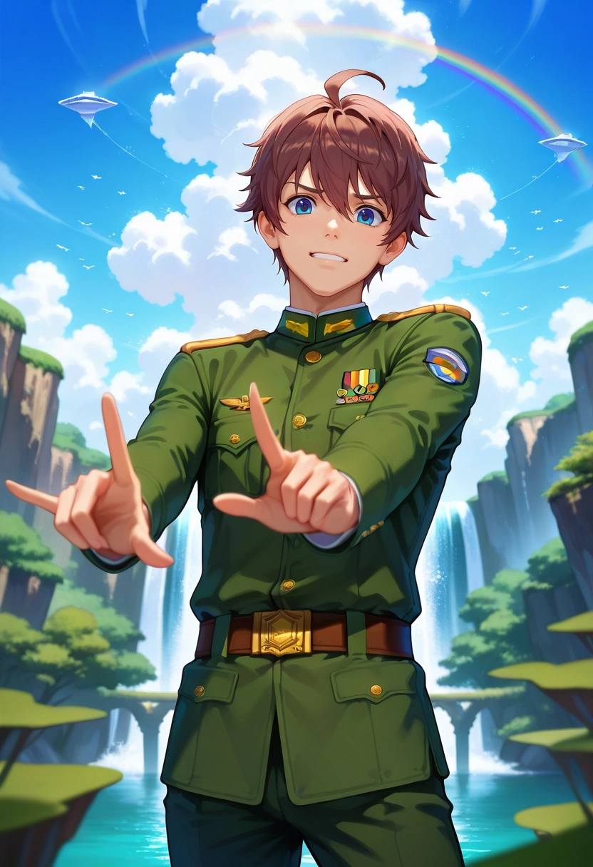 masterpiece, best quality, intricate details, semi-realistic, looking at viewer, depth of field, 1boy, solo, male focus, <lora:seto_aihara_ilxl:0.98>, seto_aihara, brown hair, blue eyes, short hair, ahoge, uniform, floating islands, waterfalls, rainbow bridges, flying creatures, balancing pose, thrilled expression, afternoon,
