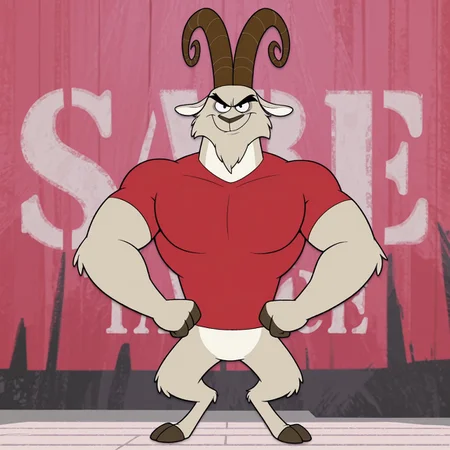 2d, solo, 1boy, Rockhardcase, male, furry, furry male, goat, brown horns, goat horns, beige fur, white fur, two tone fur, black eyebrows, thick eyebrows, black eyes, dark brown claws, short ears, animal ears, digitigrade, hooves, muscular male, red shirt, bottomless
BREAK smirk, full body, looking at viewer, hands on hips,
BREAK best quality, amazing quality, very aesthetic, absurdres, newest