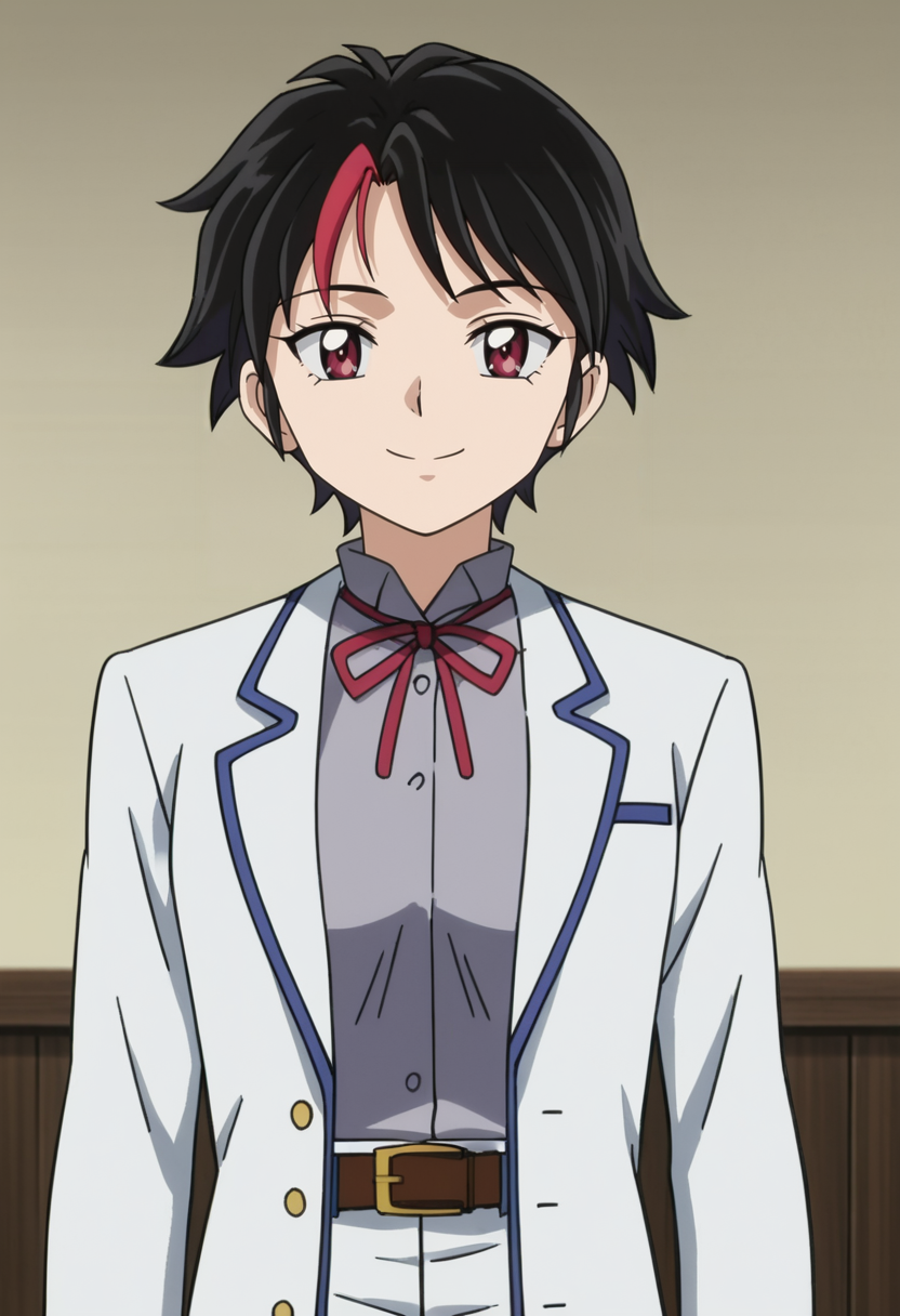 source_anime,anime screencap, anime coloring,intricate details,rating_safe, masterpiece, best quality,
(best quality, absurd res, ultra detailed),,(4 finger:0.5),1girl, ((solo)), good eyes,perfect eyes,,detailed eyes, zPDXLxxx , zPDXL3, OverallDetail,detailed, detailed face
BREAK
solo,indoors,standing,front view,
towa, 1girl, red eyes, short hair, white jacket, grey shirt, long sleeves, white pants, belt, multi-colored hair, streaked hair, black hair,  medium breasts,
smile
, <lora:add-detail-xl:5>  <lora:Towa_Inuyasha_-_Yashahime:0.8>