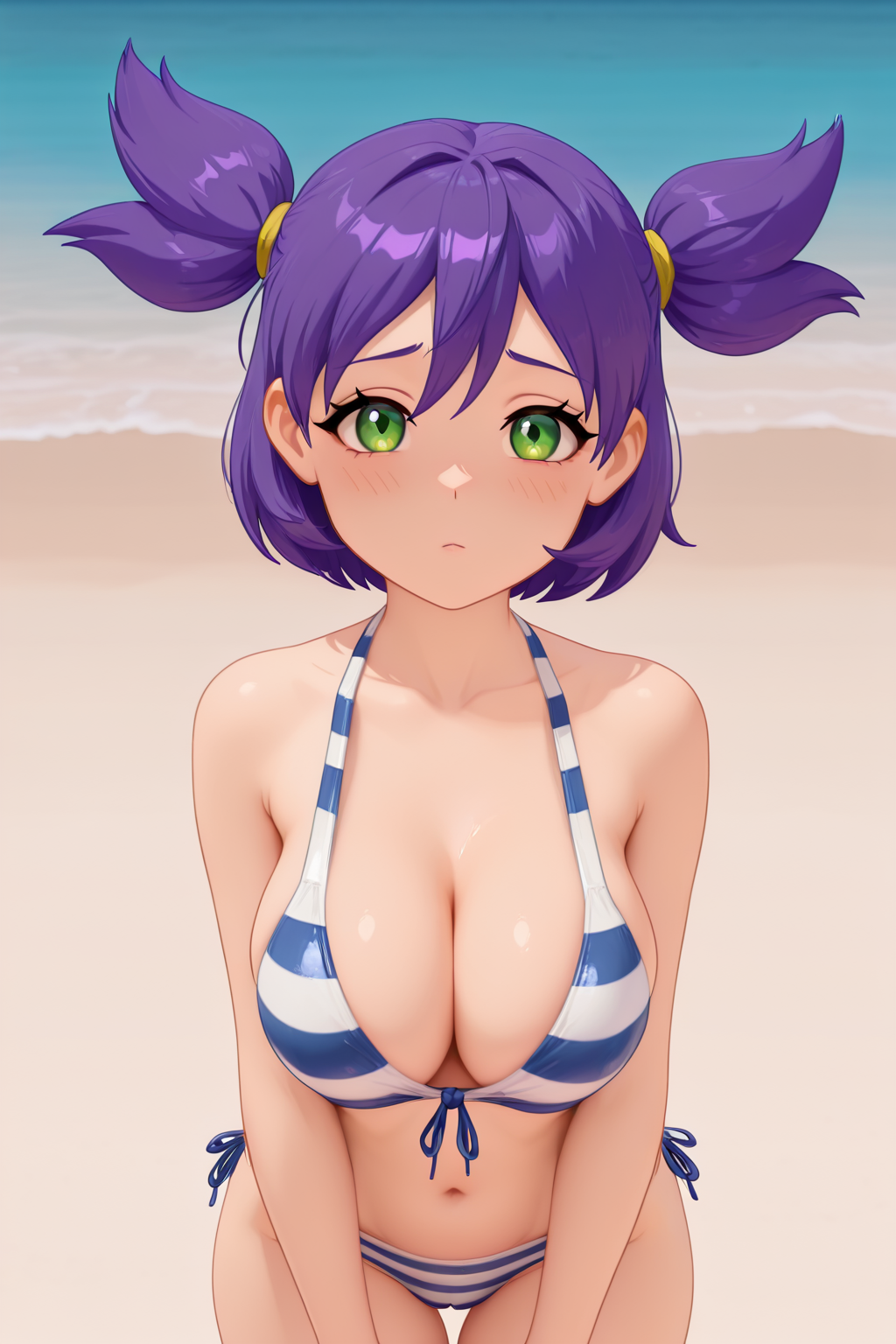 RIIIILF, BTBF, G3NSHIN, 3D, FLenaF, purple hair, green eyes, two pigtails, 1girl, solo, striped swimsuit, big breasts, cleavage, beach, simple background, soft, smooth, very aesthetic, masterpiece, best quality, amazing quality, 8k, ultra-HD, high detail