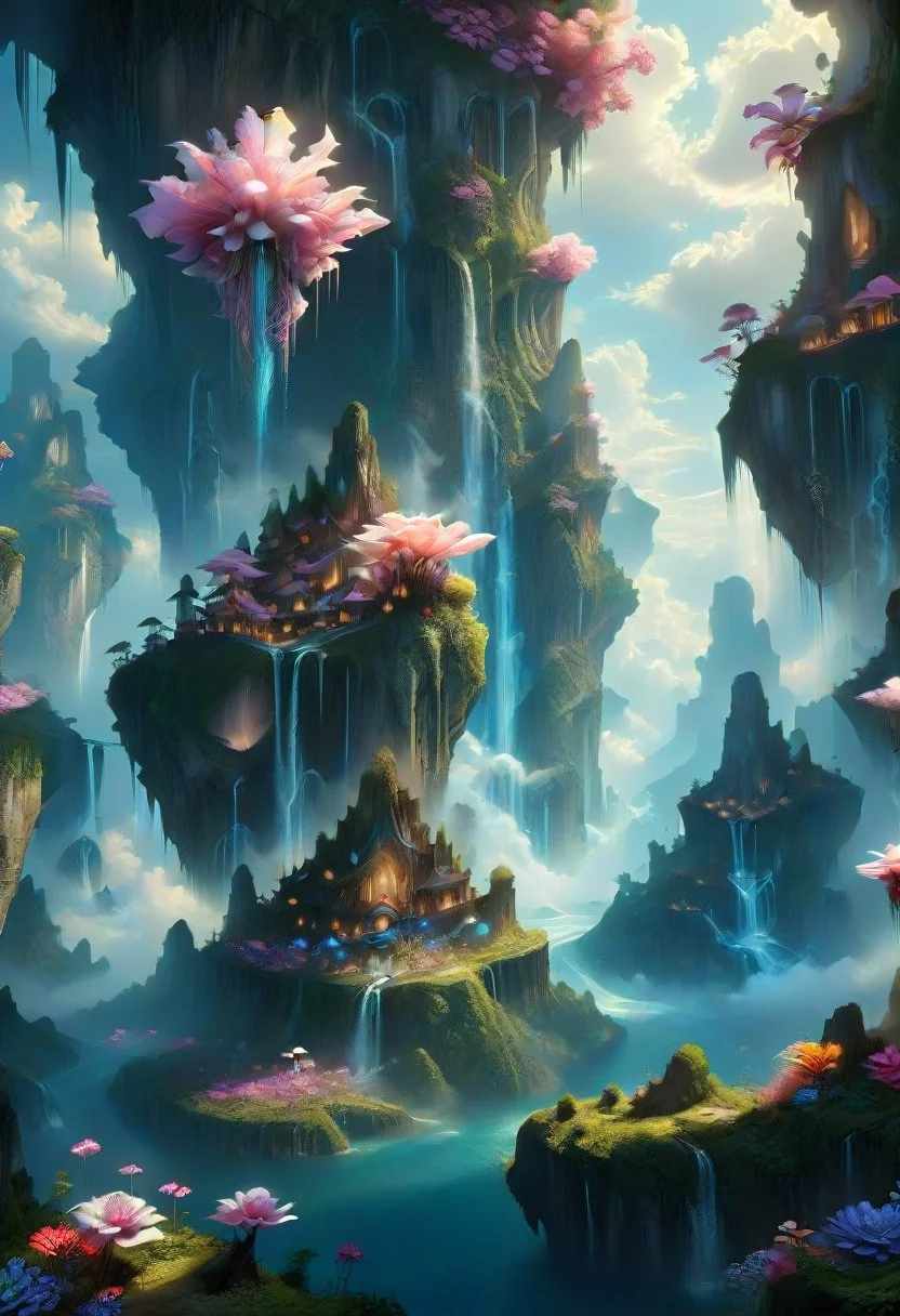 A surreal landscape with floating islands, waterfalls cascading from the clouds, and vibrant flora.
