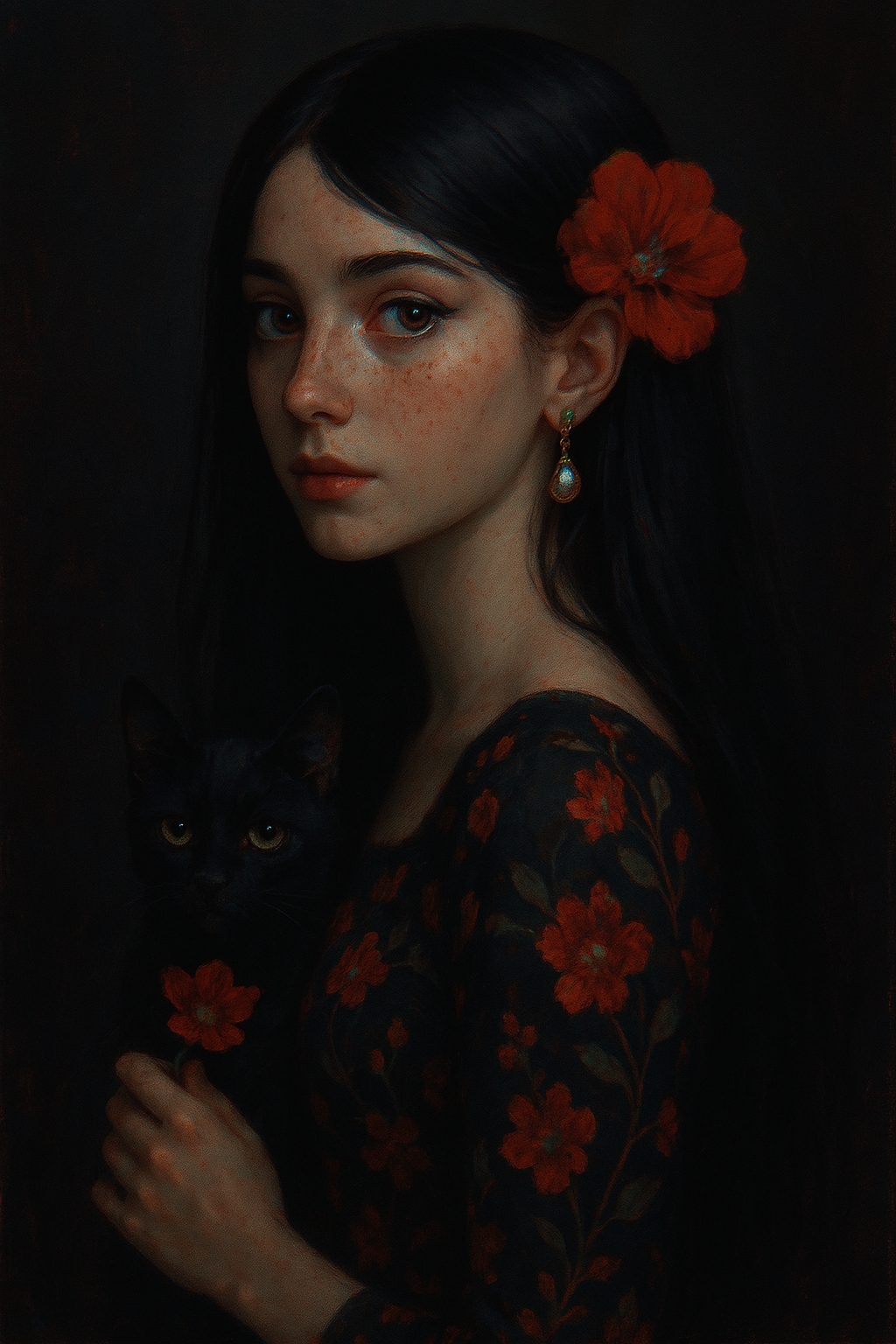 1girl, solo, long hair, looking at viewer, black hair, hair ornament, dress, brown eyes, jewelry, upper body, flower, earrings, hair flower, from side, floral print, cat, red flower, freckles, chromatic aberration, dark theme,limited palette,three quarter view