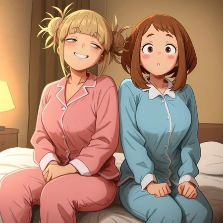 masterpiece,best quality,amazing quality,very aesthetic,absurdres,newest, huge filesize,masterpiece, best quality, good quality, newest,highly detail, khyle, 2 girls, ochako uraraka, himiko toga, pajamas, bedroom, laughung, cute, sitting on bed, side by side, happy