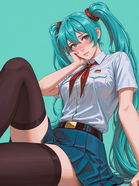 1girl, solo,n0riuma_illu, artist:Sakimichan:0.2, artist:Sciamano240:0.3, by j.k:0.6, by hoshi san 3:0.1, miku_es, aqua hair, aqua eyes, twintails, 1girl, solo, looking at viewer, aqua background, sitting, white collared shirt, red neckerchief, blue skirt, belt, hand to own cheek, black thighhighs, shy, blush, looking away, dynamic composition,dutch angle, depth of field, orange_theme,detailed backgroud,foreshortening,blurry edges, soft lighting, intricate details , depth of field, foreshortening,(masterpiece, best quality), safe, amazing quality, very aesthetic, absurdres, highres, newest, <lora:n0riuma_style:1>, <lora:Miku_ES_IL_v1:0.7>
