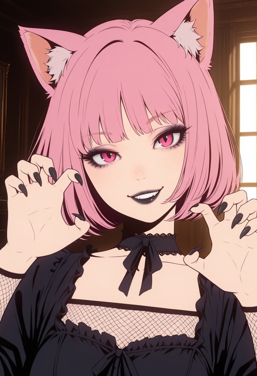 HDR, 8K, high contrast, masterpiece, best quality, amazing quality, very aesthetic, realistic, newest, volumetric lighting, (flat colors:2), 1girl, solo, goth girl, pink hair, bob cut, cat girl, cat ears, magenta eyes, eyeliner, eyelashes, smiling, head tilt, indoors, cat pose, sharp nails, hands up, gothic dress, choker, fishnets, subtle black lipstick