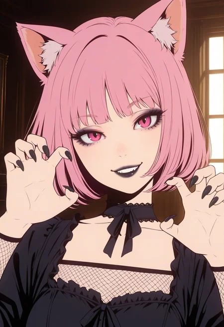 HDR, 8K, high contrast, masterpiece, best quality, amazing quality, very aesthetic, realistic, newest, volumetric lighting, (flat colors:2), 1girl, solo, goth girl, pink hair, bob cut, cat girl, cat ears, magenta eyes, eyeliner, eyelashes, smiling, head tilt, indoors, cat pose, sharp nails, hands up, gothic dress, choker, fishnets, subtle black lipstick
