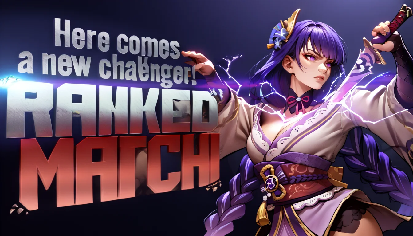 score_9, score_8_up, score_7_up, source_anime, 1girl, new challenger, english text, <lora:SFNewChallenger_XLPD:1.6>, text focus, raiden shogun, text says "Here comes a new challenger! RANKED MATCH", <lora:HumanScabbardV2_XLPD:1.2> human scabbard, holding, holding weapon, holding sword, electricity, cleavage