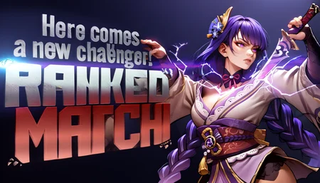 score_9, score_8_up, score_7_up, source_anime, 1girl, new challenger, english text, <lora:SFNewChallenger_XLPD:1.6>, text focus, raiden shogun, text says "Here comes a new challenger! RANKED MATCH", <lora:HumanScabbardV2_XLPD:1.2> human scabbard, holding, holding weapon, holding sword, electricity, cleavage