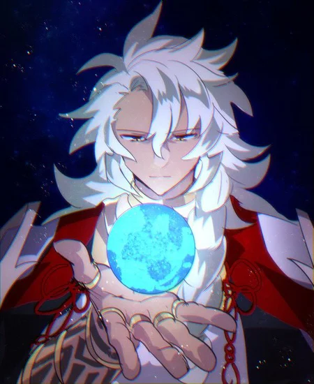 solomon_(fgo), handsome, dark-skinned man, long hair, white hair, messy hair, ahoge, braid, yellow eyes, jewelry, long robes, tattoo, black fingernails
