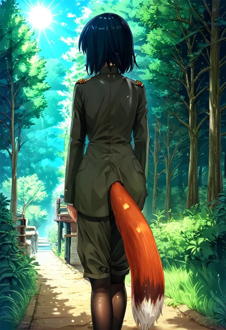black hair, girl, black military uniform, shorts, pantyhose, outdoors, walking, fox, trees, sun rays,