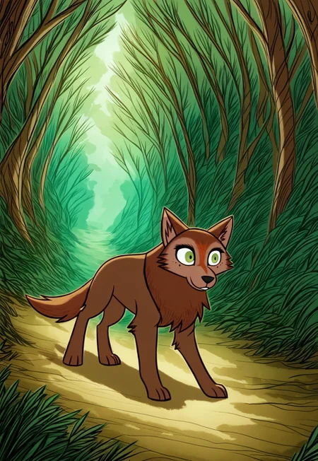 (zPDXL3), full body, solo, furry, best quality, animal focus, solo, mebh_wolf, full body, pokemon (creature), animal, wolf, green eyes, animal focus, dynamic pose, outdoors, forest , dynamic angle