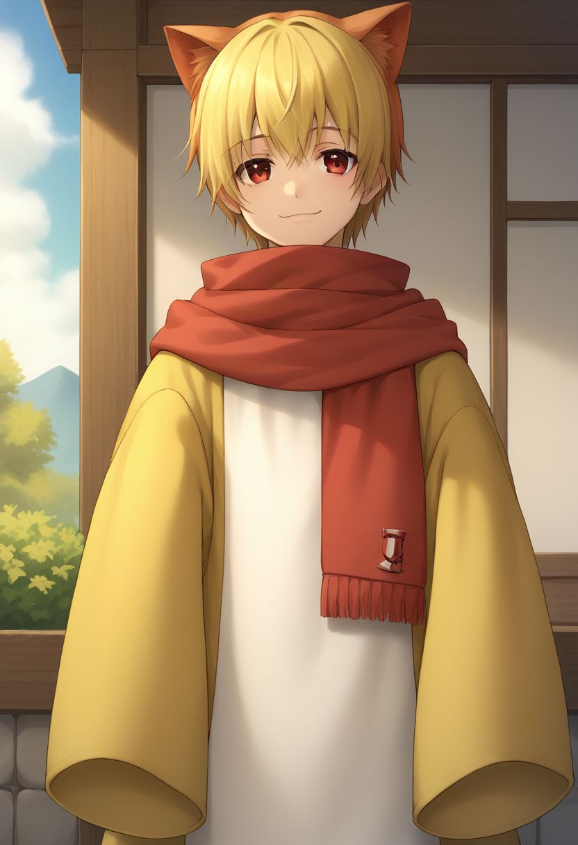 score_9, score_8_up, source_anime, highly detailed, 
sakuteru, solo, 1boy, male focus, blonde hair, animal ears, red eyes, scarf, :3, cat ears, smile, sleeves past wrists,
outdoor,