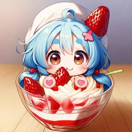 twintails, thick eyebrows, in food, in cup, ahoge, white headwear, long hair, heart hair ornament, chibi, brown eyes, bendy straw, blue hair, from front, short hair, flower, ribbon, strawberry, x hair ornament, low twintails