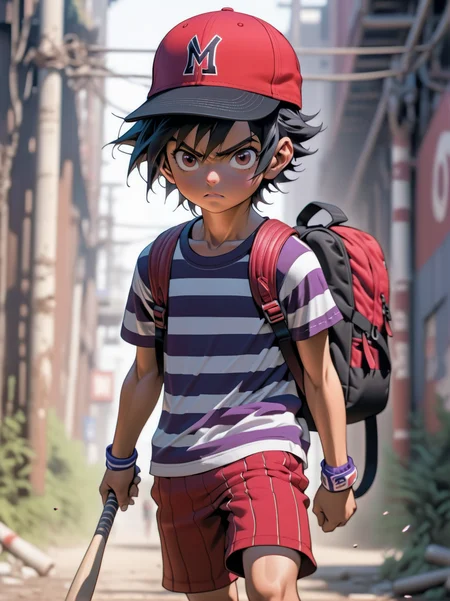 Anime style, ultra detailed, masterpiece, young boy,black hair, wearing backwards red unaffiliated baseball cap, striped shirt, purple shorts and a backpack, red shoes, baseball bat, <lora:add-detail-xl:0.8>