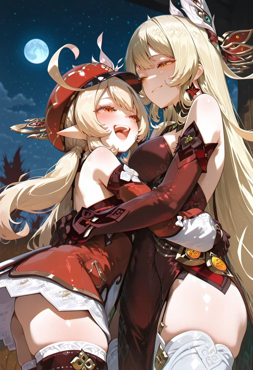 masterpiece,
night,full moon,starry sky,
2girls,hug,genshin impact,a12oias,<lora:Aosai123_Style:0.6>,xmcstyle,<lora:XMC_IL:0.6>,
Alice \(Genshin Impact\),red eyes,orange eyes,light blonde hair,
bare shoulders,detached sleeves,red dress,white thighhighs,long sleeves,gloves,thigh boots,dress,boots,white thighhighs,smile,<lora:Alice v0.9_illustrious:1>,
BREAK
klee \(genshin impact\),laughing,naughty_face,