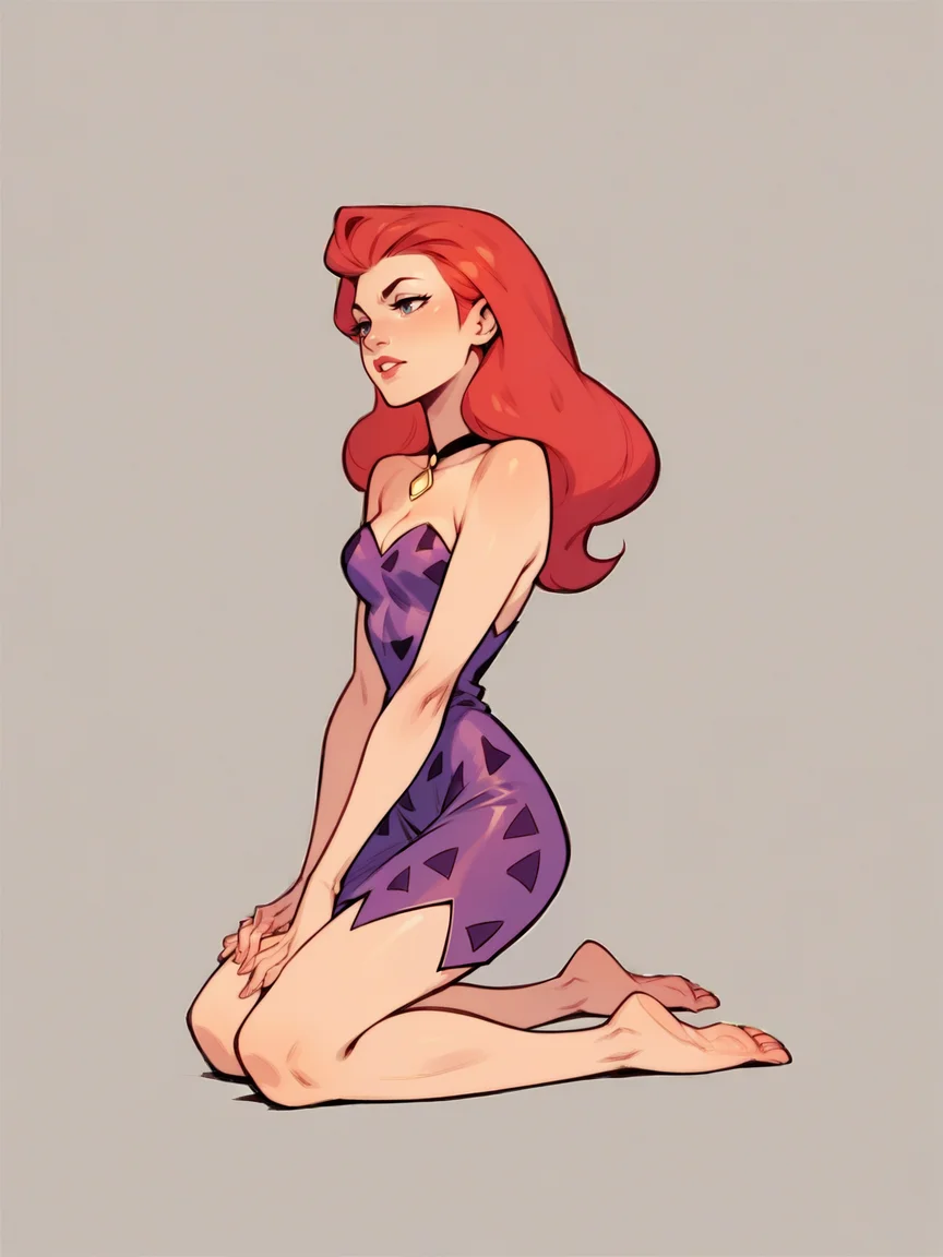 score_9, score_8_up, score_7_up, score_6_up, score_5_up, <lora:AnnMargrockXLP2:0.8> ann margrock, 1girl, red hair, long hair, solo, barefoot, purple dress, kneeling