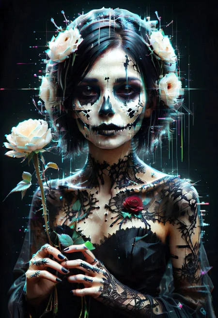 1girl, detailed face, emo makeup, short hairs, veil, black wedding dress, 
biolumen, holding single rose flower, black rose, the  contur of the petals glow eerily white, dim light, intricate details, horror theme, cementary, detailed background, slimes_flowerwm, made of flowers,
BL4CK3STBL4CK, black_theme, matte_color, flat color, boneswm, glitch style