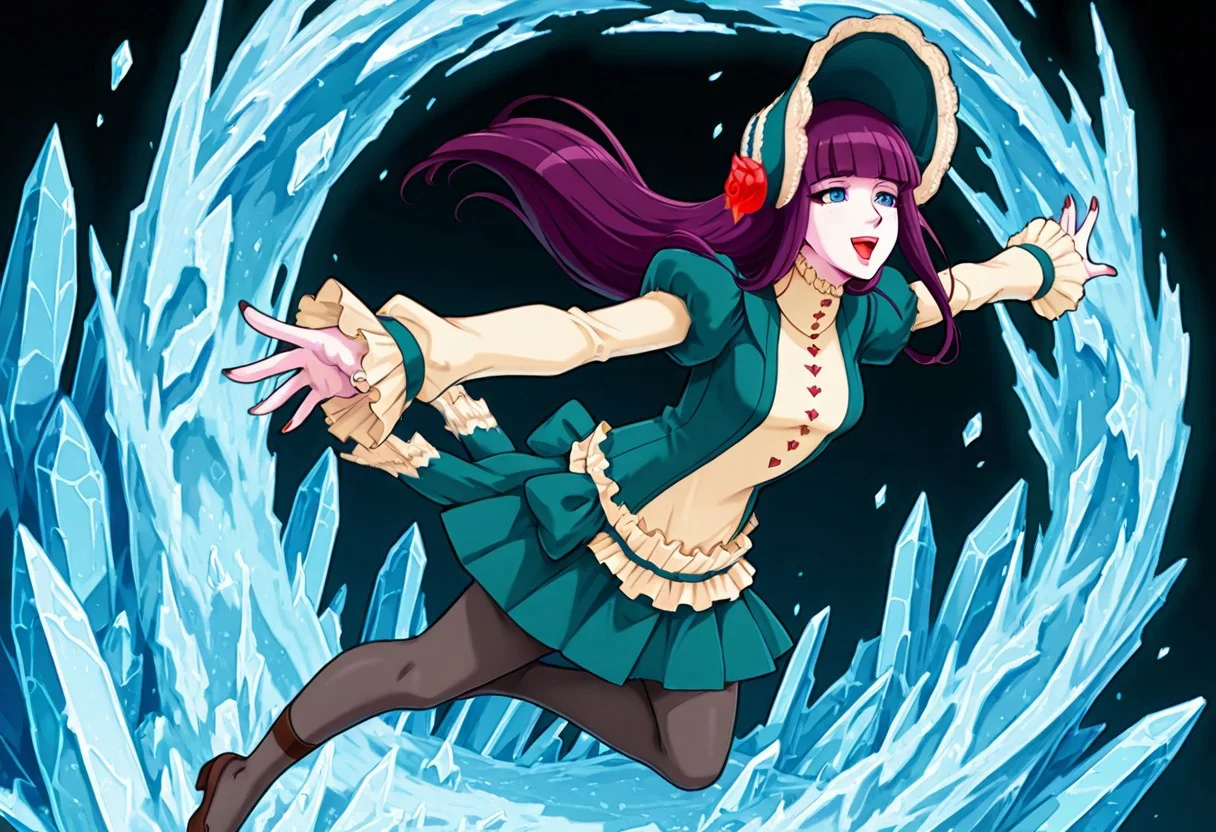 score_9,score_8_up,score_7_up,source_anime,5_figner,2d_animation,game cg,BREKE,1girl,solo,
Loretta Lecarde,purple hair,blunt bangs,hime cut,blue eyes,long hair,red lips.ltfashion,bonnet,pantyhose,red rose,dress,mini skirt,puffy sleeves,button,
small breasts,smile,nail polish,
Magic,crystal,ice,flying,outstretched arms,openmouth,
black background,
masterpiece,best qualit,ultra-detailed,illustration,an extremely delicate and beautiful,beautiful detailed eyes,unity 8k wallpaper,high resolution,anime CG,official_art,