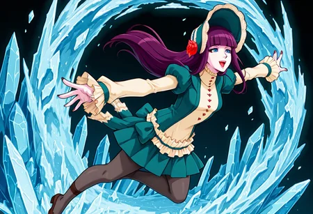 score_9,score_8_up,score_7_up,source_anime,5_figner,2d_animation,game cg,BREKE,1girl,solo,
Loretta Lecarde,purple hair,blunt bangs,hime cut,blue eyes,long hair,red lips.ltfashion,bonnet,pantyhose,red rose,dress,mini skirt,puffy sleeves,button,
small breasts,smile,nail polish,
Magic,crystal,ice,flying,outstretched arms,openmouth,
black background,
masterpiece,best qualit,ultra-detailed,illustration,an extremely delicate and beautiful,beautiful detailed eyes,unity 8k wallpaper,high resolution,anime CG,official_art,
