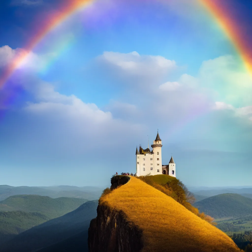 (rainbowfusion style:1) a man standing on top of a mountain with a castle in the background <lora:djzRainbowFusionV21_LoraBooth:1>