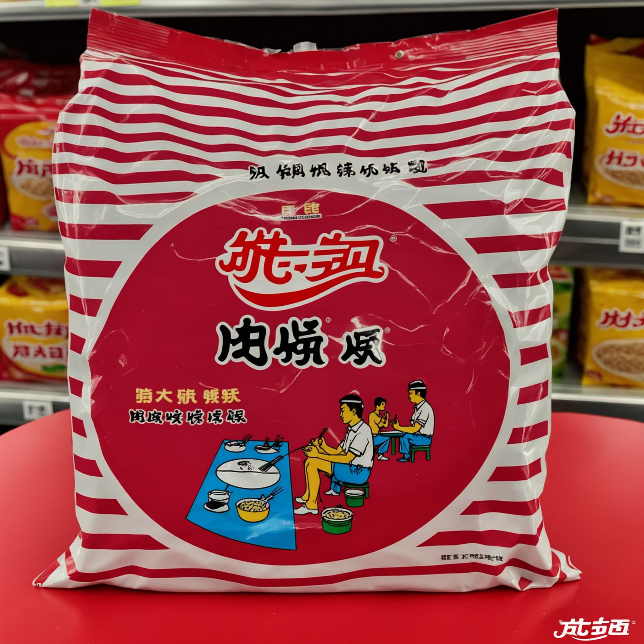 rozamanbag,text,A bag of instant noodles placed on a red table. The packaging of the noodles is clearly visible, showcasing the brand and flavor. The red table provides a striking contrast, emphasizing the subject. The scene should be as realistic as a high-resolution photograph, with natural and even lighting that highlights the details of the bag and the texture of the table, <lora:rozaman2:0.7>