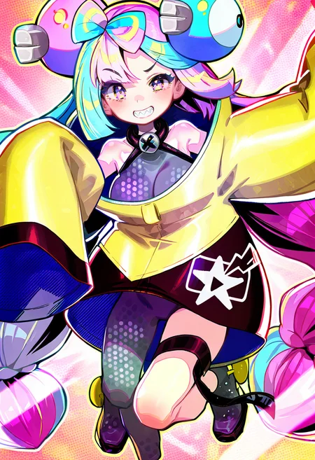 iono \(pokemon\), 1girl, yellow jacket, teeth, sharp teeth, character hair ornament, jacket, solo, hair ornament, sleeves past wrists, single leg pantyhose, long hair, sleeves past fingers, bow-shaped hair, multicolored hair, very long sleeves, low-tied long hair, oversized clothes, x, grey pantyhose, pantyhose, smile, sleeveless shirt, sleeveless, looking at viewer, pink hair, shirt, two-tone hair, breasts <lora:gyokaiXL_NBVP1_lokr_V6311PZ:0.95>