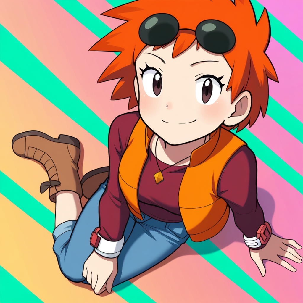 2d, masterpiece, best quality, amazing quality, highres, absurdres, newest, 1girl, solo, sitting, yokozuwari, from above, dutch angle, looking at viewer, multicolored background, simple background, colorful background, medium breasts, pkzoey, orange hair, short hair, spiked hair, bangs, necklace, eyewear on head, sunglasses, red shirt, long sleeves, bracelet, orange vest, jeans, denim, capri pants, boots, brown footwear