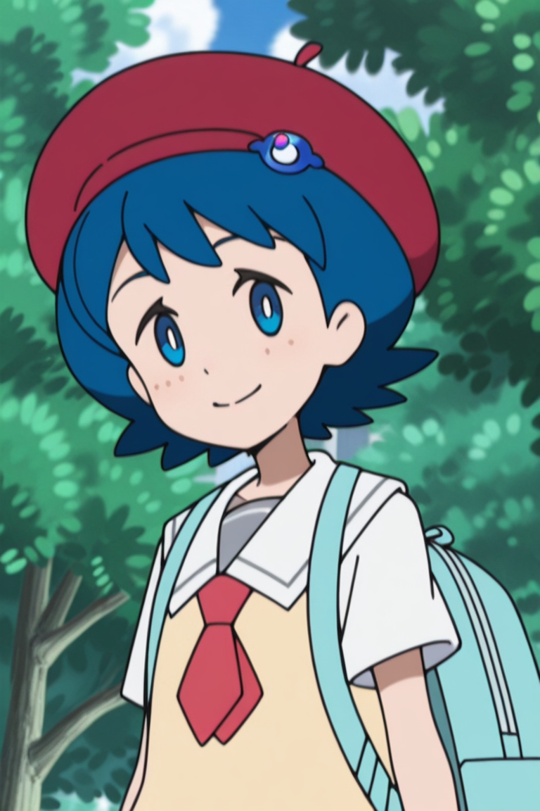 1girl, looking at viewer, smile, outdoors,  upper body, 
 <lora:lana_scho_magi_1:1> mag3ca gir7l,
la7na un7form,blue eyes,blue hair,short hair, red beret,blue clip in beret,gray school uniform,sailor collar, yellow shirt,red scarf like tie,light blue backpack,, masterpiece, high quality, absurdres, best quality, very aesthetic, newest,