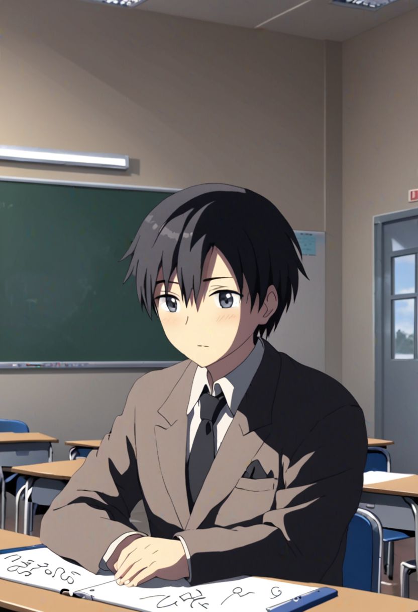 Highres, Masterpiece, High Quality, 4K, 8K, solo, 1Boy, Takaki Toono, adult, black hair, short hair, classroom, desk chairs, whiteboard, screen, sitting, school, school uniform, easynegative, detailed_eye_model