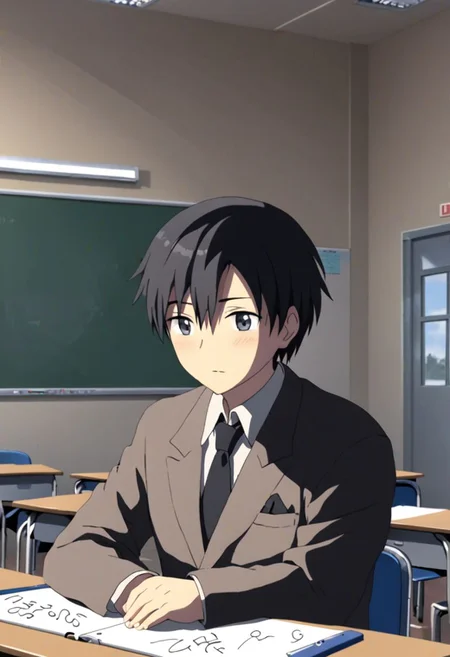 Highres, Masterpiece, High Quality, 4K, 8K, solo, 1Boy, Takaki Toono, adult, black hair, short hair, classroom, desk chairs, whiteboard, screen, sitting, school, school uniform, easynegative, detailed_eye_model