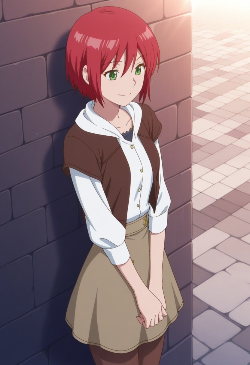 masterpiece,best quality,amazing quality, source_anime, 
shirayuki, 1girl, solo, green eyes, red hair, short hair, shirt, white shirt, jacket, brown jacket, open jacket, short over long sleeves, skirt, brown pantyhose, smile, outdoor,