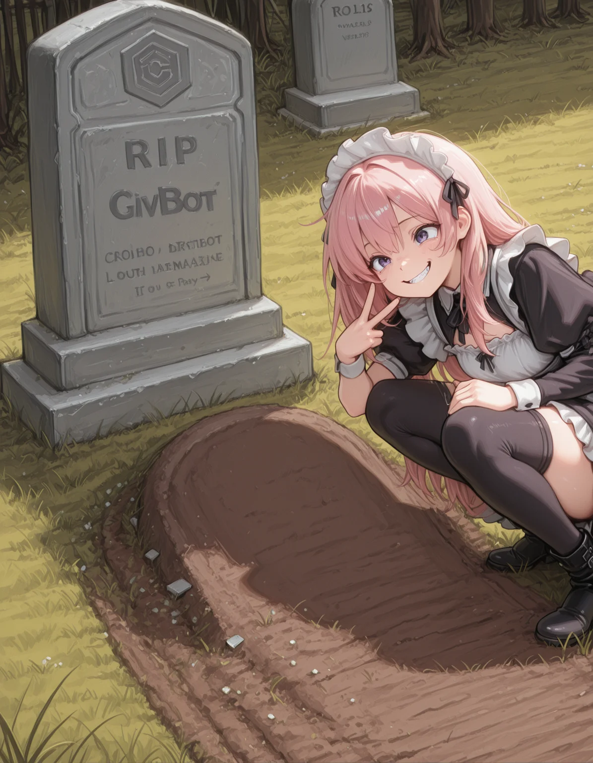 [Base Prompt] 1girl, CivChan, oll13gr4v3, peace sign, grass, squatting, tombstone, pink hair, purple eyes, thigh highs, black boots, grinning,  masterpiece, best quality, amazing detail, high definition // [Regional Prompting] [Region 1] tombstone, logo, civitai logo, C, [Region 2] text, tombstone, RIP, CivBot,