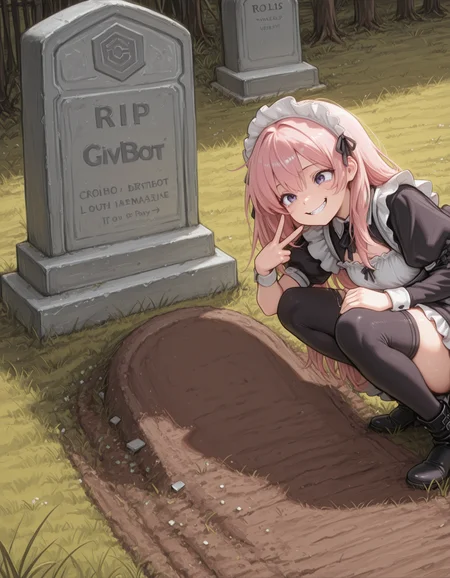 [Base Prompt] 1girl, CivChan, oll13gr4v3, peace sign, grass, squatting, tombstone, pink hair, purple eyes, thigh highs, black boots, grinning,  masterpiece, best quality, amazing detail, high definition // [Regional Prompting] [Region 1] tombstone, logo, civitai logo, C, [Region 2] text, tombstone, RIP, CivBot,