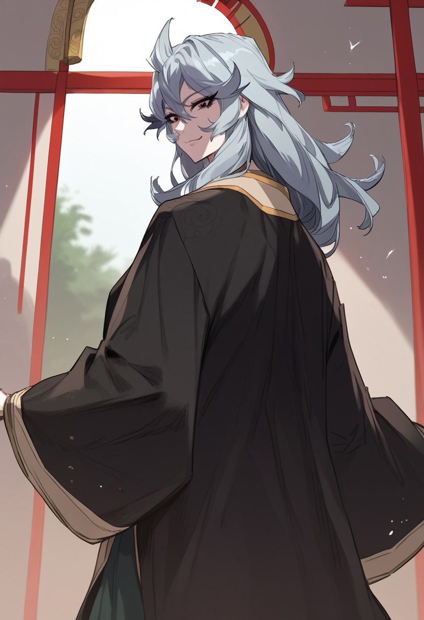 zPDXL3, score_9_up, score_8_up, score_7_up, (Anime_source), 1girl, Mara, red eyes, grey hair, long hair, Leader kimono, looking back, looking at viewer, closed mouth, smile, cowboy shot